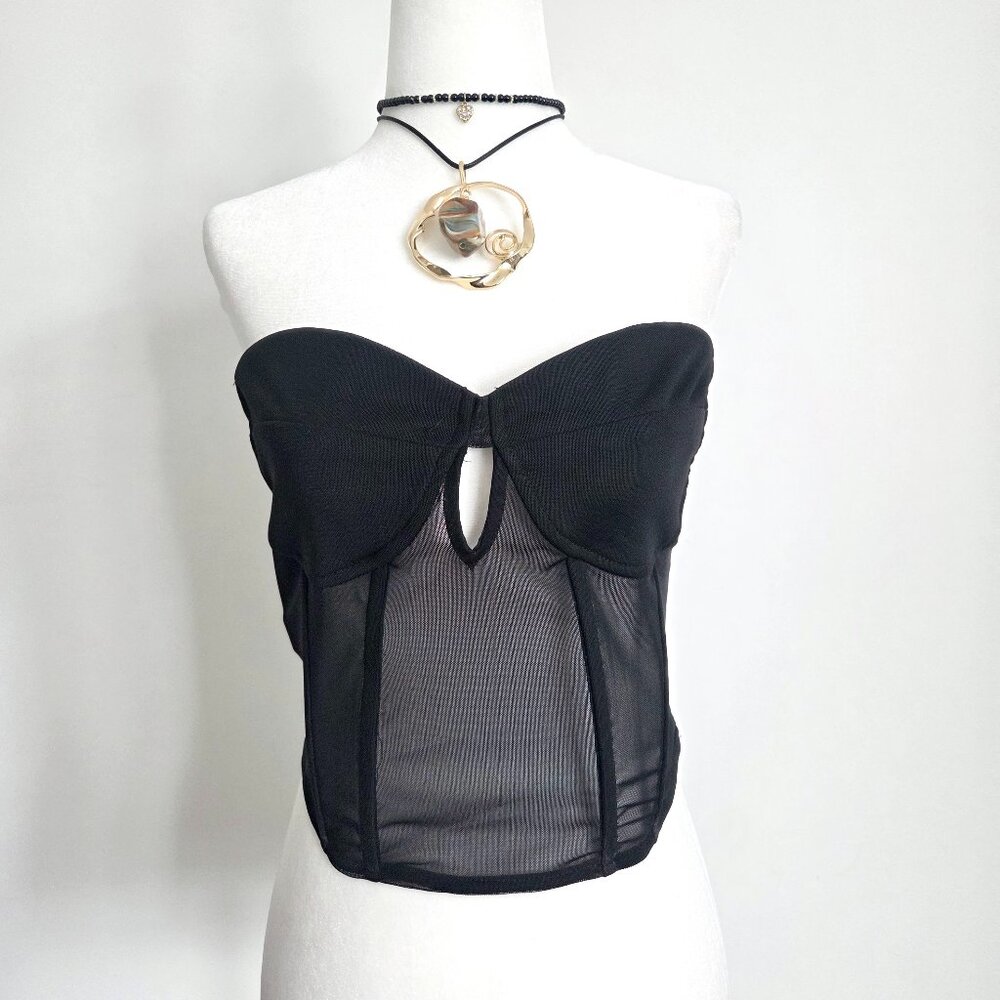 Forever 21 Mesh Bustier Crop Top NWT Large Black Sheer Corset Y2K Rave Goth Club